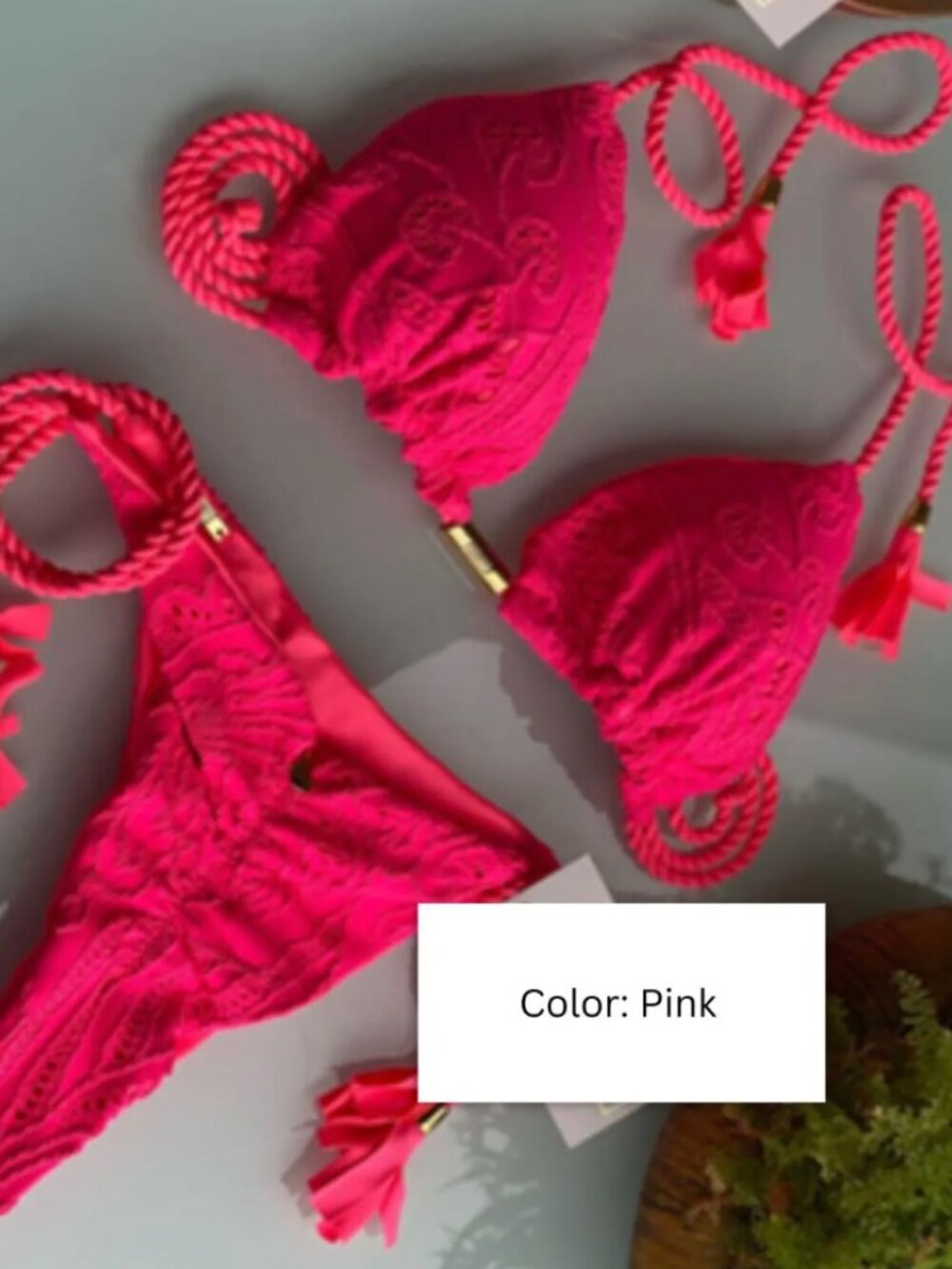 Pink Brazilian Lace Bikini Set | Triangle Tie-Side Swimwear